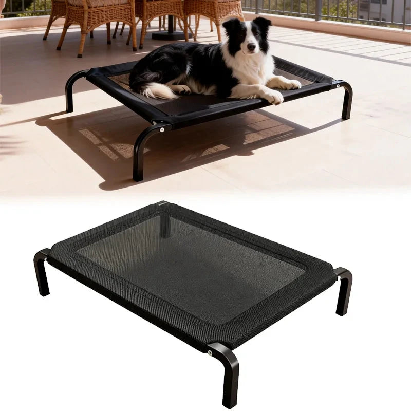 Black elevated pet bed with a dog lying on it, set against a neutral background.